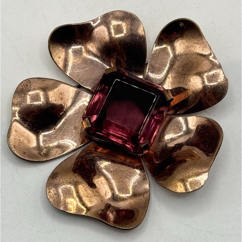 Vintage Handmade Large Purple Glass Flower Brooch Pin